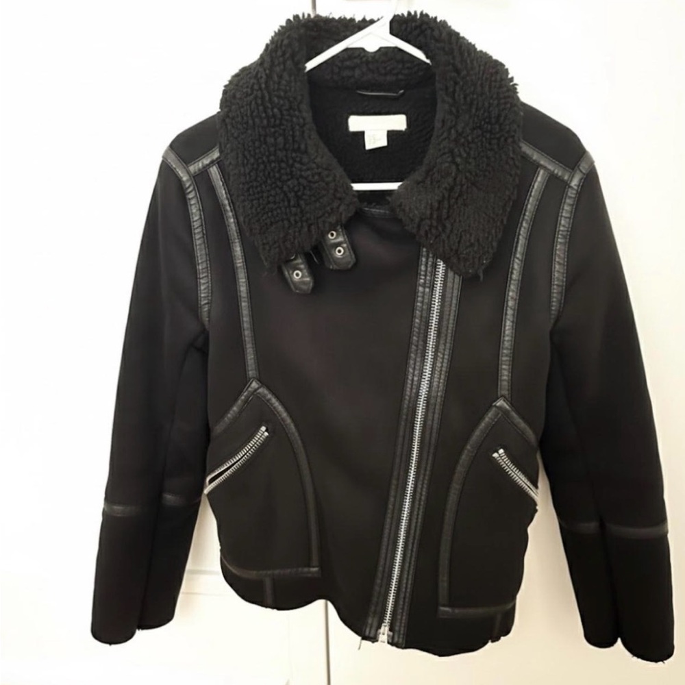 H&M Black Teddy Jacket with Shearling Collar